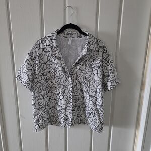 Fabletics White Button-Down Shirt with Black Floral Outline